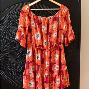Floral Orange and Red Women's OffShoulders Mini Dress